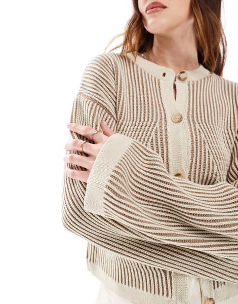 ASOS DESIGN crew neck cardigan with plated detail in neutral