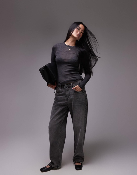 ARKET merino wool knitted semi sheer long sleeve top in dark gray