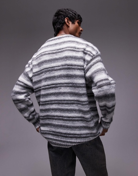 Topman relaxed fit fluffy stripe sweater in gray stripe
