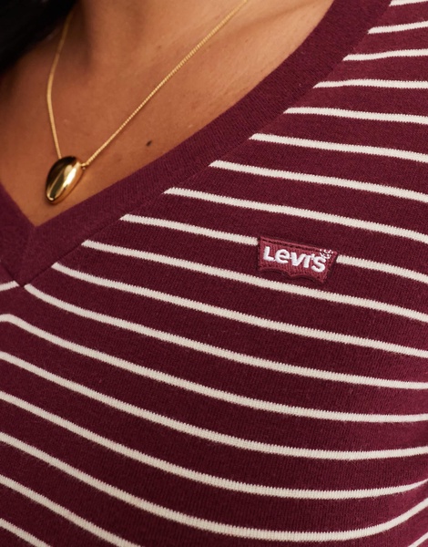 Levi's small batwing logo V-neck stripe long sleeve T-shirt in burgundy