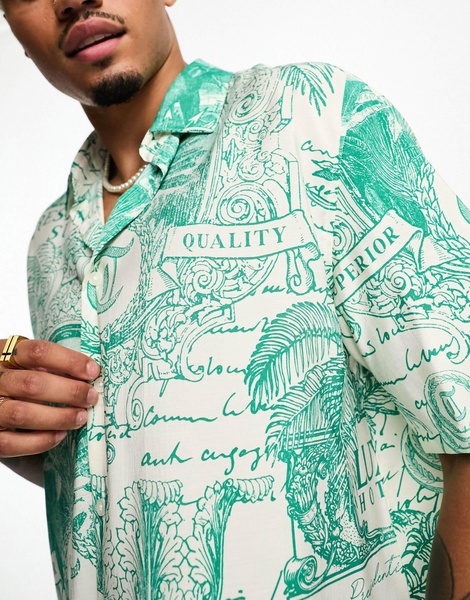 Bershka placement printed shirt in white and green