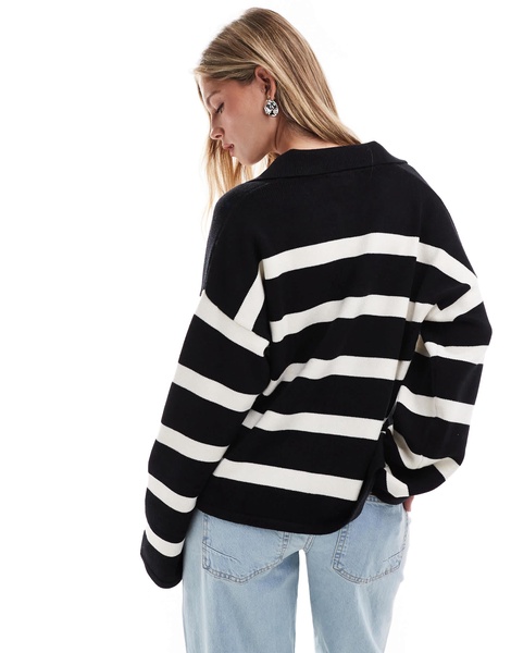 Bershka oversized polo sweater in black & white stripe