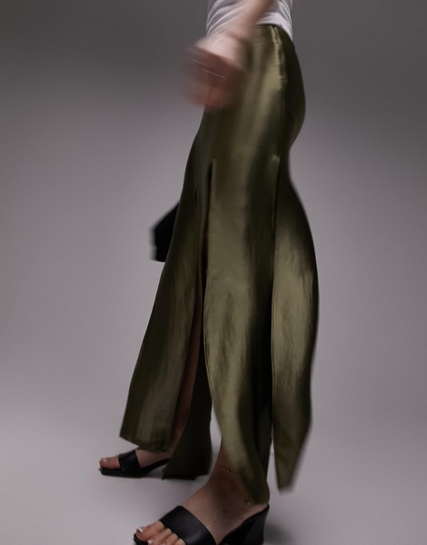 Topshop spliced split satin midi skirt in olive