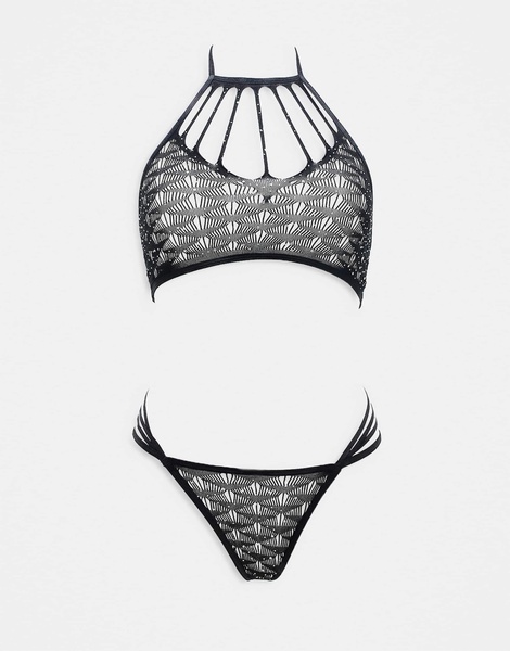 Ann Summers Roxie lace and strap detail crotchless set in black