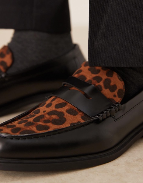 ASOS DESIGN penny loafers in black with leopard print