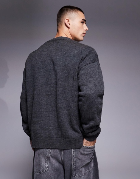 ASOS DESIGN oversized boxy fit knit cardigan in charcoal with badge embroidery