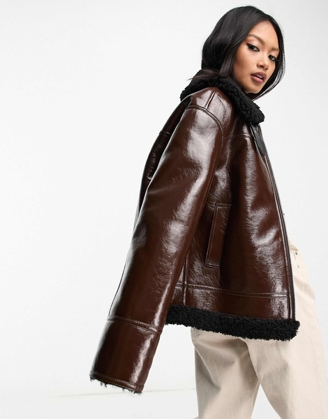 Mango aviator jacket with faux shearling lining in brown