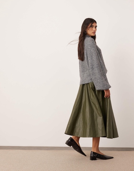 ASOS EDITION crinkle PU full midi skirt in khaki green