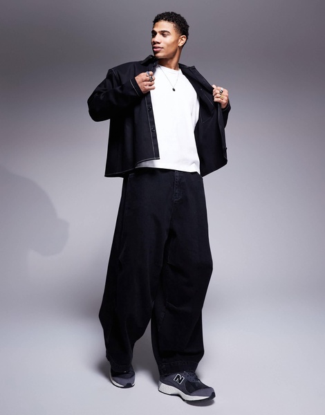 ASOS DESIGN oversized boxy overshirt with faux leather collar in black