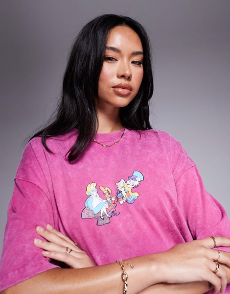 ASOS DESIGN Disney unisex oversized t-shirt with Alice in Wonderland prints in washed pink