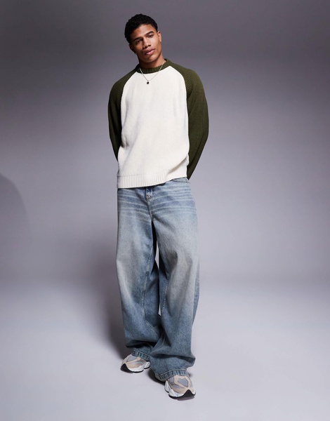 ASOS DESIGN super oversized boxy rib knit fisherman raglan sleeve sweater in dark green
