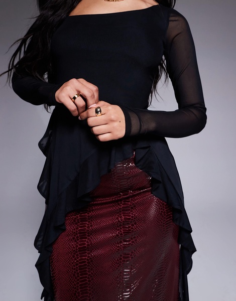 AFRM doris mesh asymmetrical longsleeve top in black