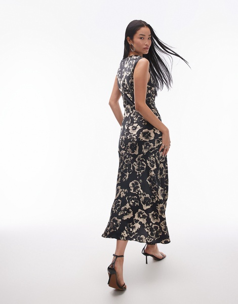 Topshop drape neck maxi dress in blurred mono floral