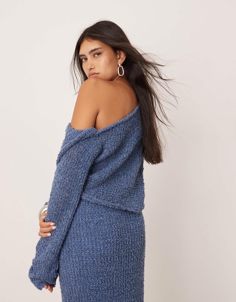 ASOS EDITION fine knit twist off shoulder cropped sweater in slate blue - part of a set
