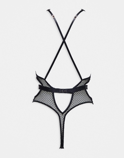 Ann Summers Obsession lace and fishnet plunge front crotchless bodysuit with strapping detail in black