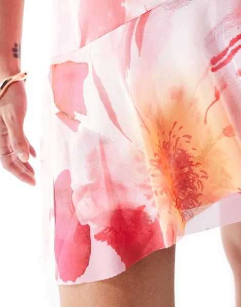 ASOS DESIGN mesh ruffle mini skirt in pink floral print - part of a set