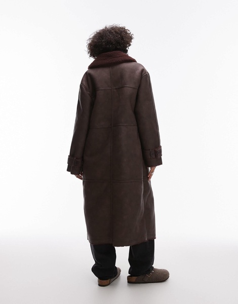 Topshop faux leather shearling long aviator jacket in burgundy