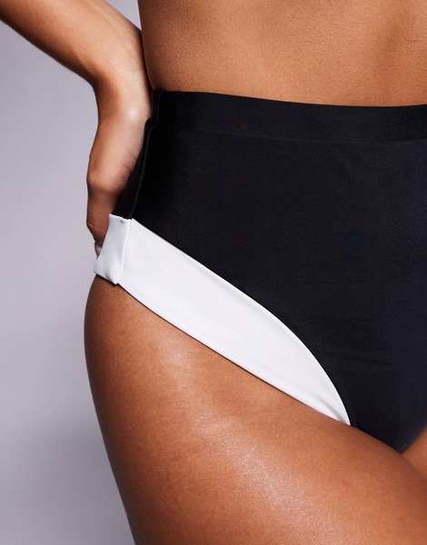 River Island monochrome high waisted bikini brief in black