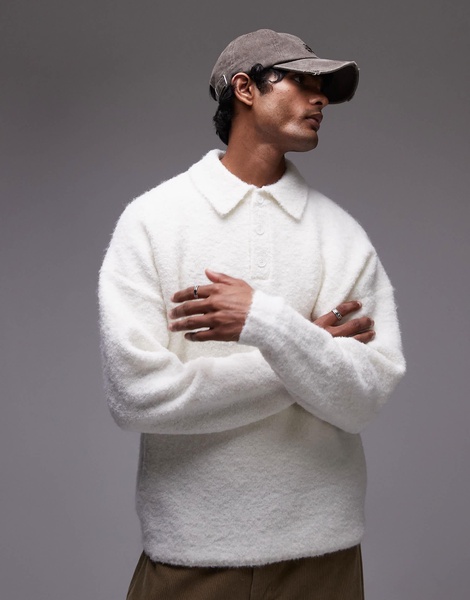 Topman oversized fit boucle polo in cream