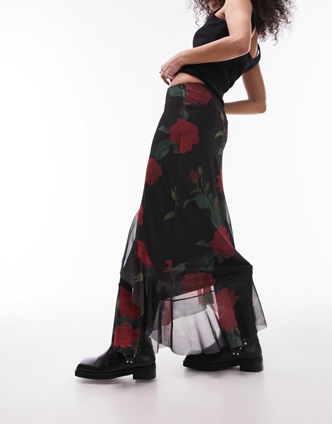 Topshop asymmetric ruffle mesh midi skirt in rose floral