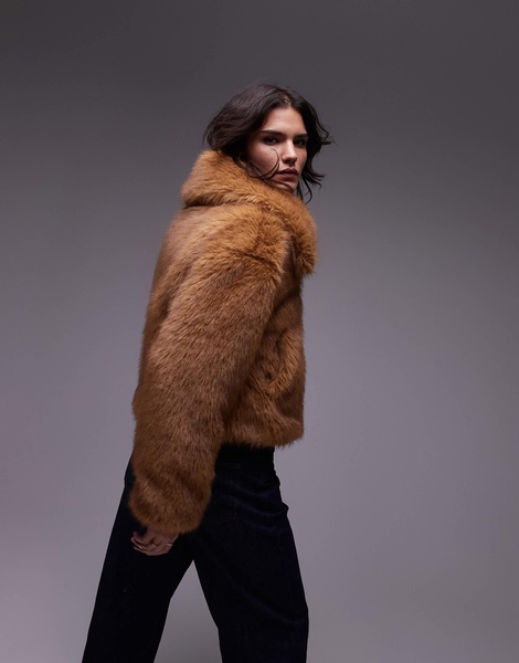 Topshop faux fur cropped bomber jacket in light brown
