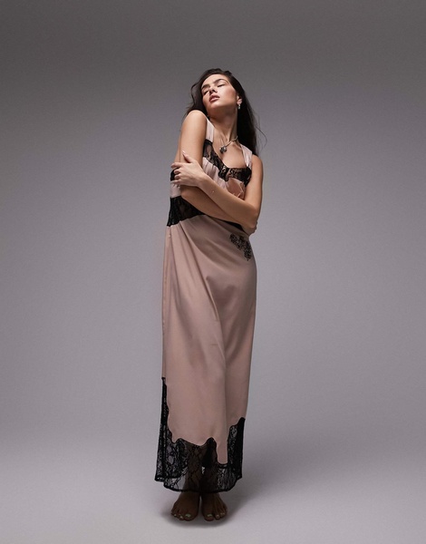 Topshop lace insert embroidered maxi slip in pink