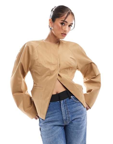 ASOS DESIGN extreme sleeve nipped waist blazer in camel