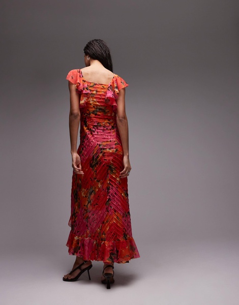Topshop premium ruffle pintuck gown in red and orange floral