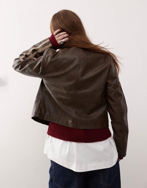 Reclaimed Vintage leather look biker jacket with stripes in washed brown