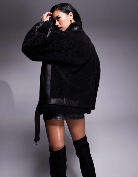 Aria Cove oversized faux shearling deep cuff jacket in black