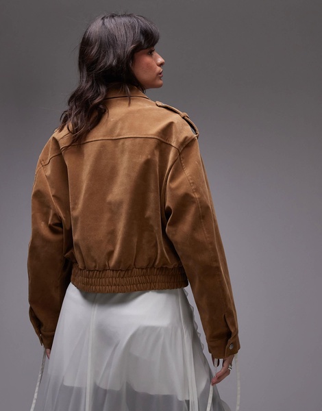 Topshop cropped faux suede bomber jacket with snap details in camel