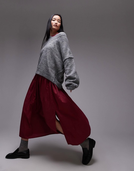 Topshop crinkle cotton laundered full skirt in burgundy