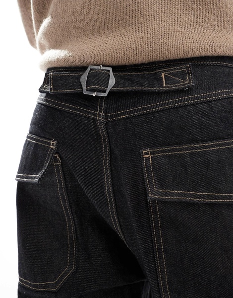 Bershka baggy jeans with fold over hem in dark blue -set