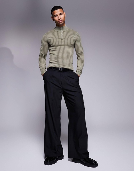 ASOS DESIGN knitted washed muscle rib quarter zip funnel sweater in khaki