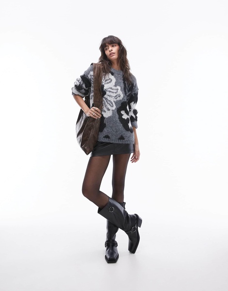Topshop knitted large floral oversized sweater in gray
