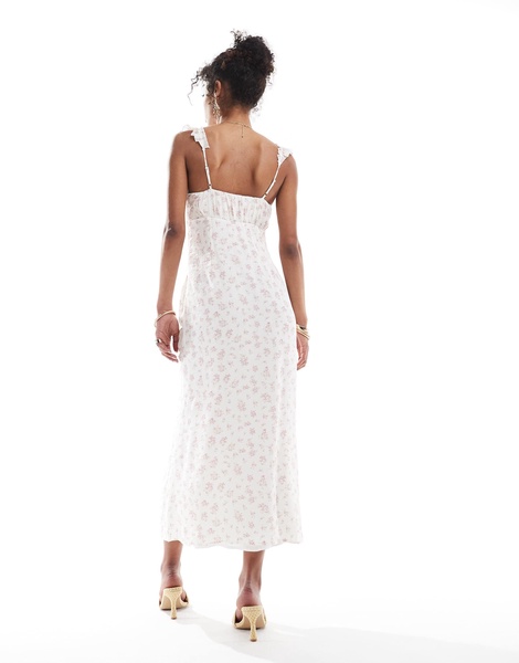 Bershka frill detail maxi dress in ecru and pink floral