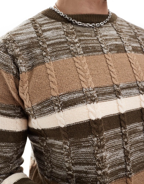 Another Influence mix match stripe round neck sweater in brown