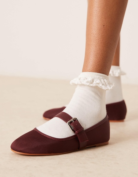 ASOS DESIGN Lou mary jane ballet flats in burgundy textile