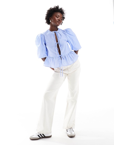 ASOS DESIGN cotton poplin tie front peplum blouse in stripe