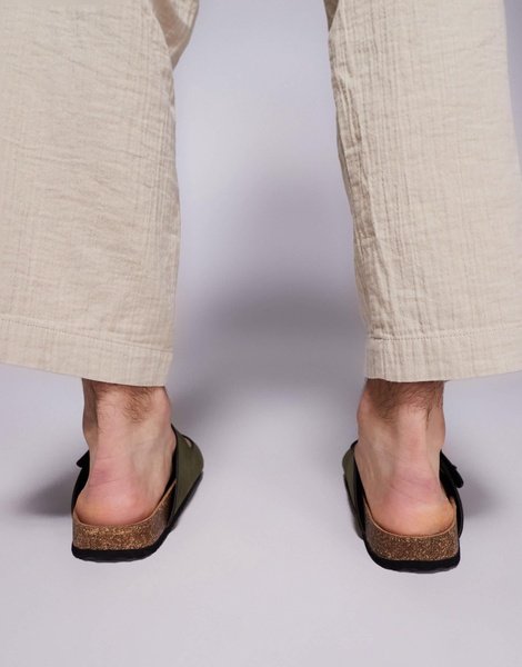 ASOS DESIGN two strap sandals in olive with cork soles