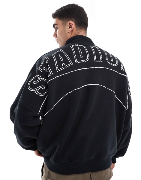 Bershka 1/4 zip piped back printed sweatshirt in black