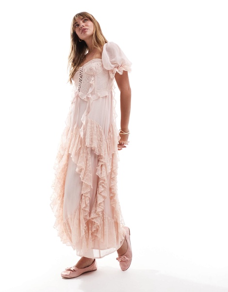 Miss Selfridge lace ruffle maxi dress in pink