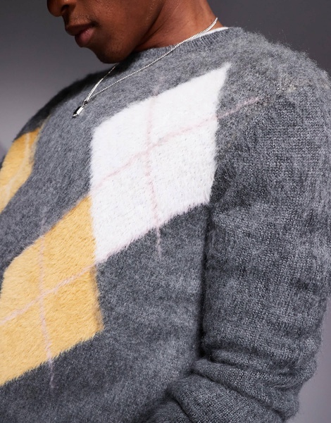 ASOS DESIGN knitted crew neck sweater with argyle pattern in gray