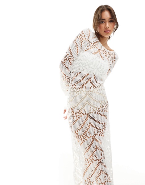 ONLY open crochet long sleeve maxi dress in white