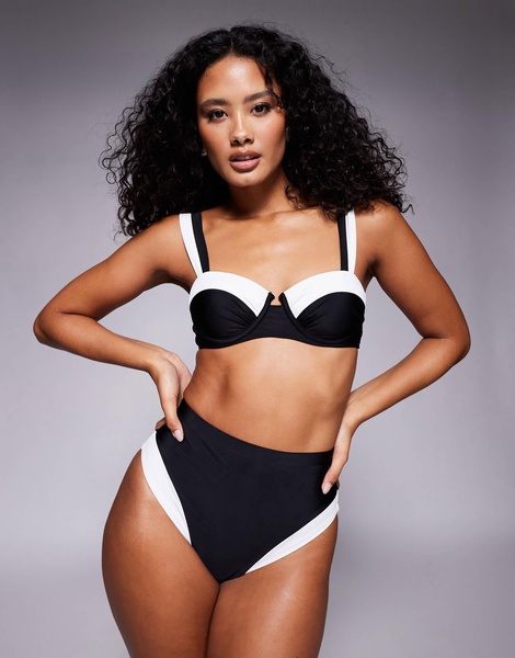 River Island monochrome high waisted bikini brief in black