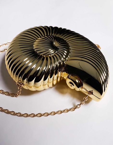 ASOS DESIGN round ammonite shell clutch bag with crossbody chain strap in gold