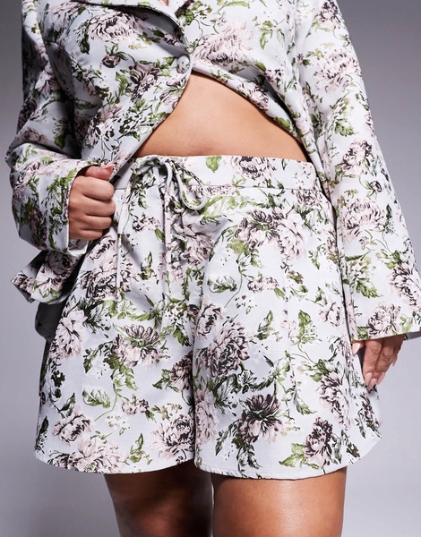 ASOS LUXE Curve jacquard lace up shorts in vintage floral - part of a set