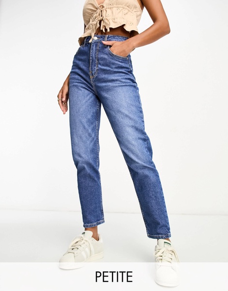 Bershka Petite comfort fit mom jeans in mid blue