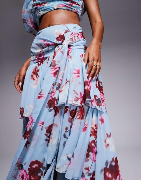 ASOS LUXE tiered ruffle organza maxi skirt in blue floral print - part of a set
