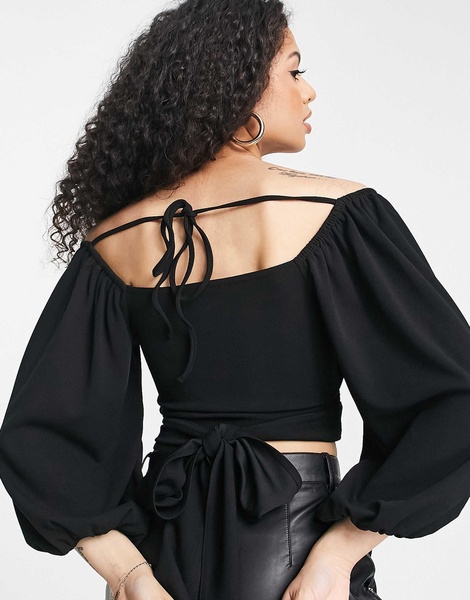 ASOS DESIGN volume sleeve off shoulder wrap tie blouse in black